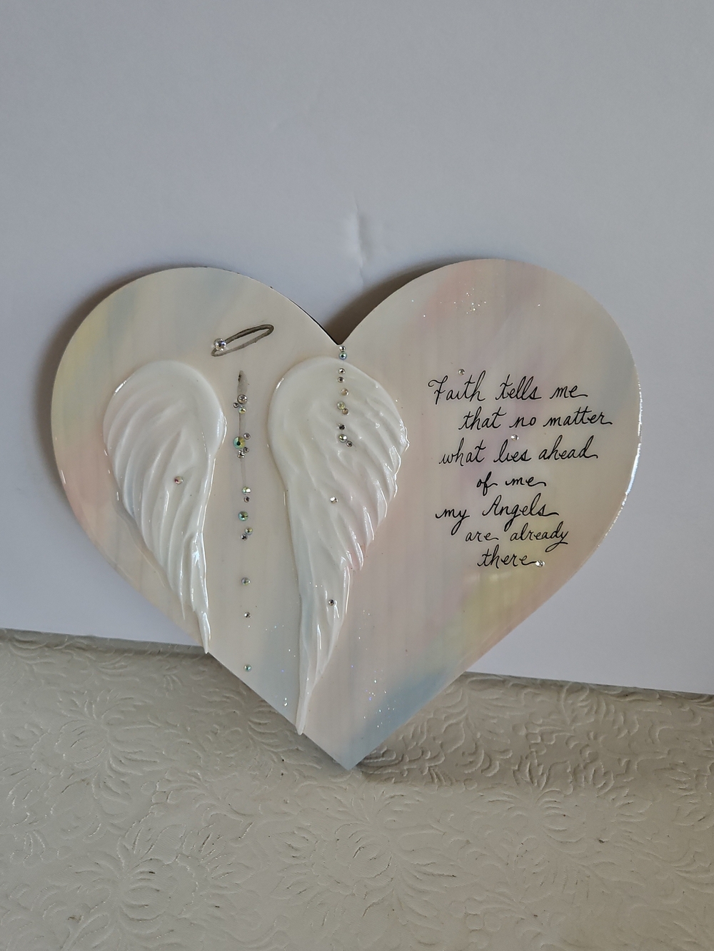 Heart Wall Decor with White Angel Wings and Inspirational Script